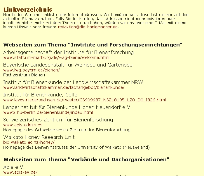 Screen-Shot des Linkverzeichnisses